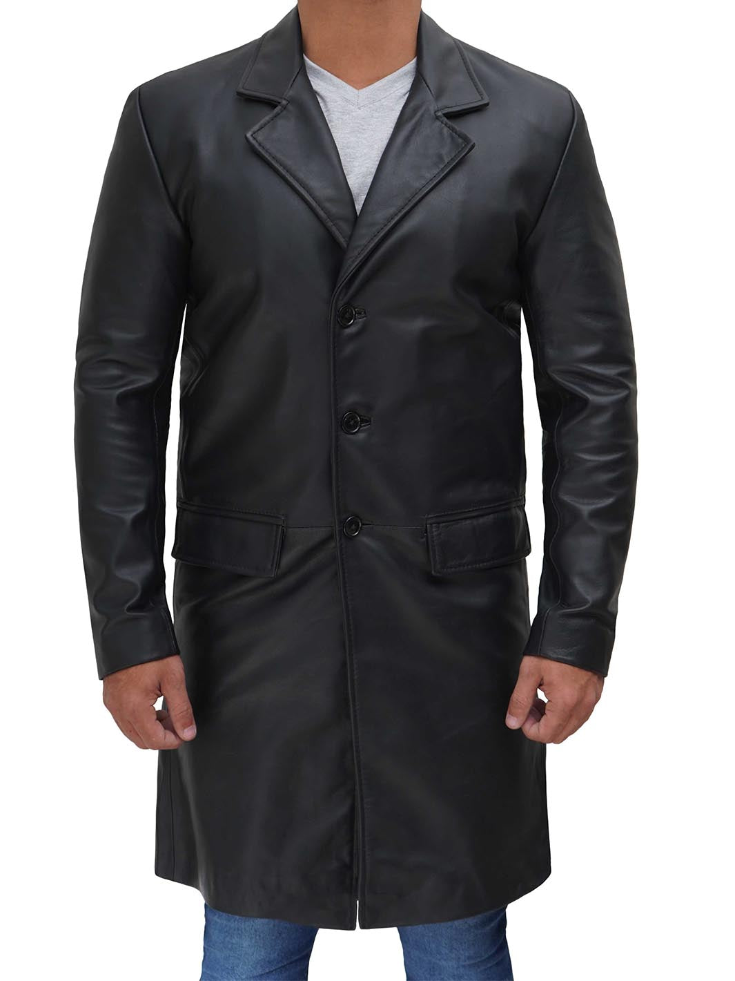 Men's Long Black Real Cowhide Leather Trench Coat