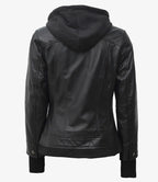 Womens Black Bomber Leather Jacket with Removable Hood