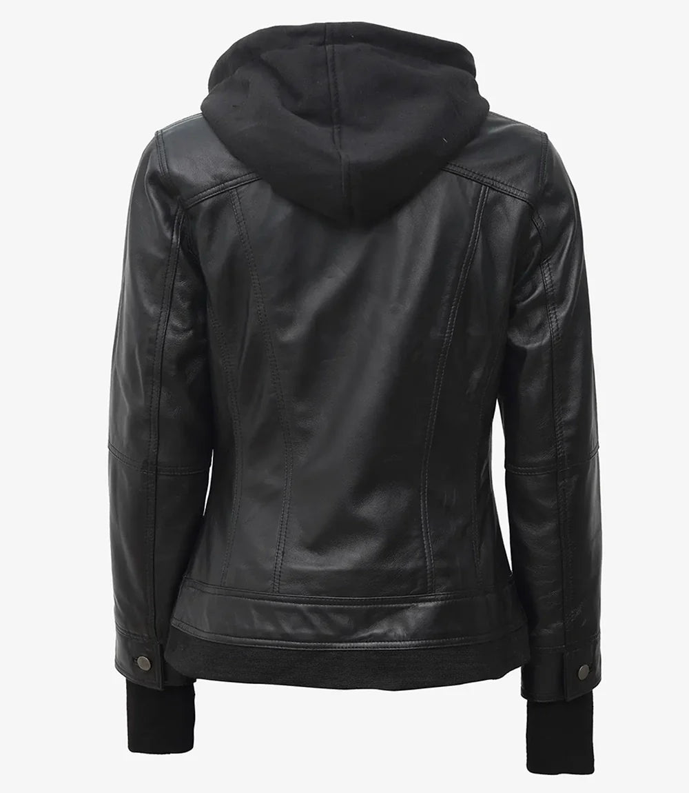Womens Black Bomber Leather Jacket with Removable Hood
