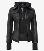 Womens Black Bomber Leather Jacket with Removable Hood