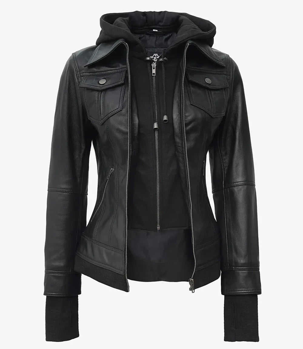 Womens Black Bomber Leather Jacket with Removable Hood