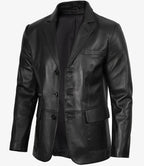 Men's Black Three Button Real Leather Blazer