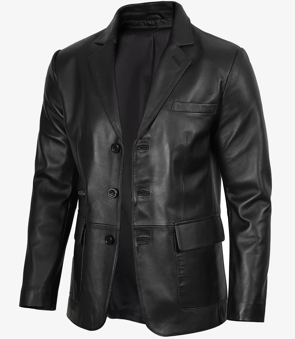 Men's Black Three Button Real Leather Blazer