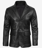 Men's Black Three Button Real Leather Blazer