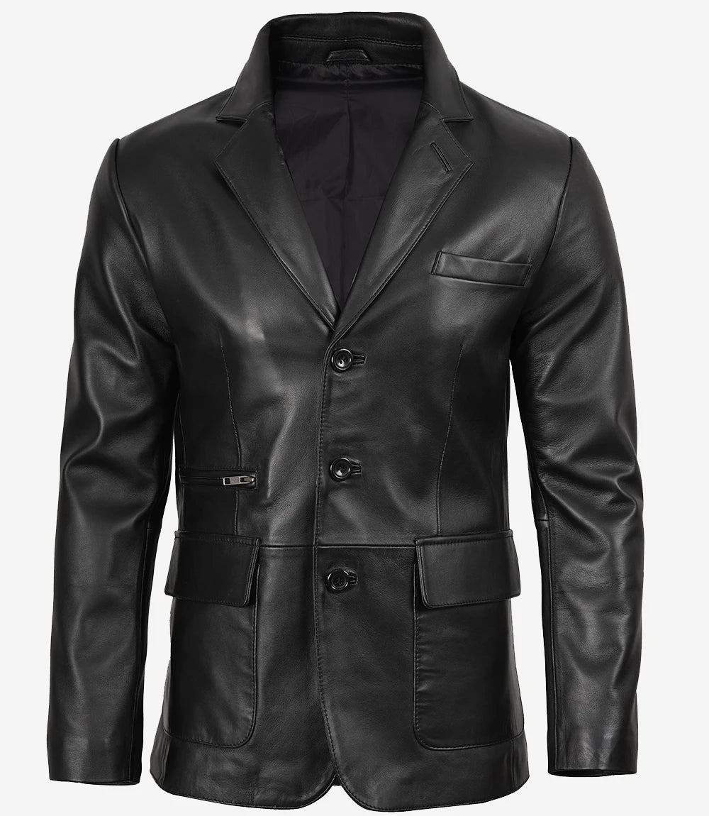 Men's Black Three Button Real Leather Blazer