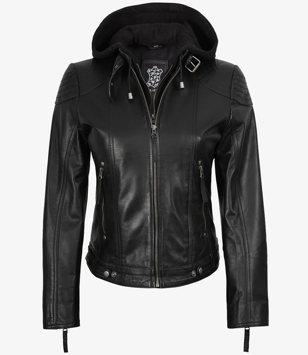 Women's Black Leather Jacket With Removable Hood