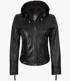 Women's Black Leather Jacket With Removable Hood