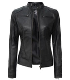 Dodge Petite Women's Black Lambskin Leather Biker Style Jacket
