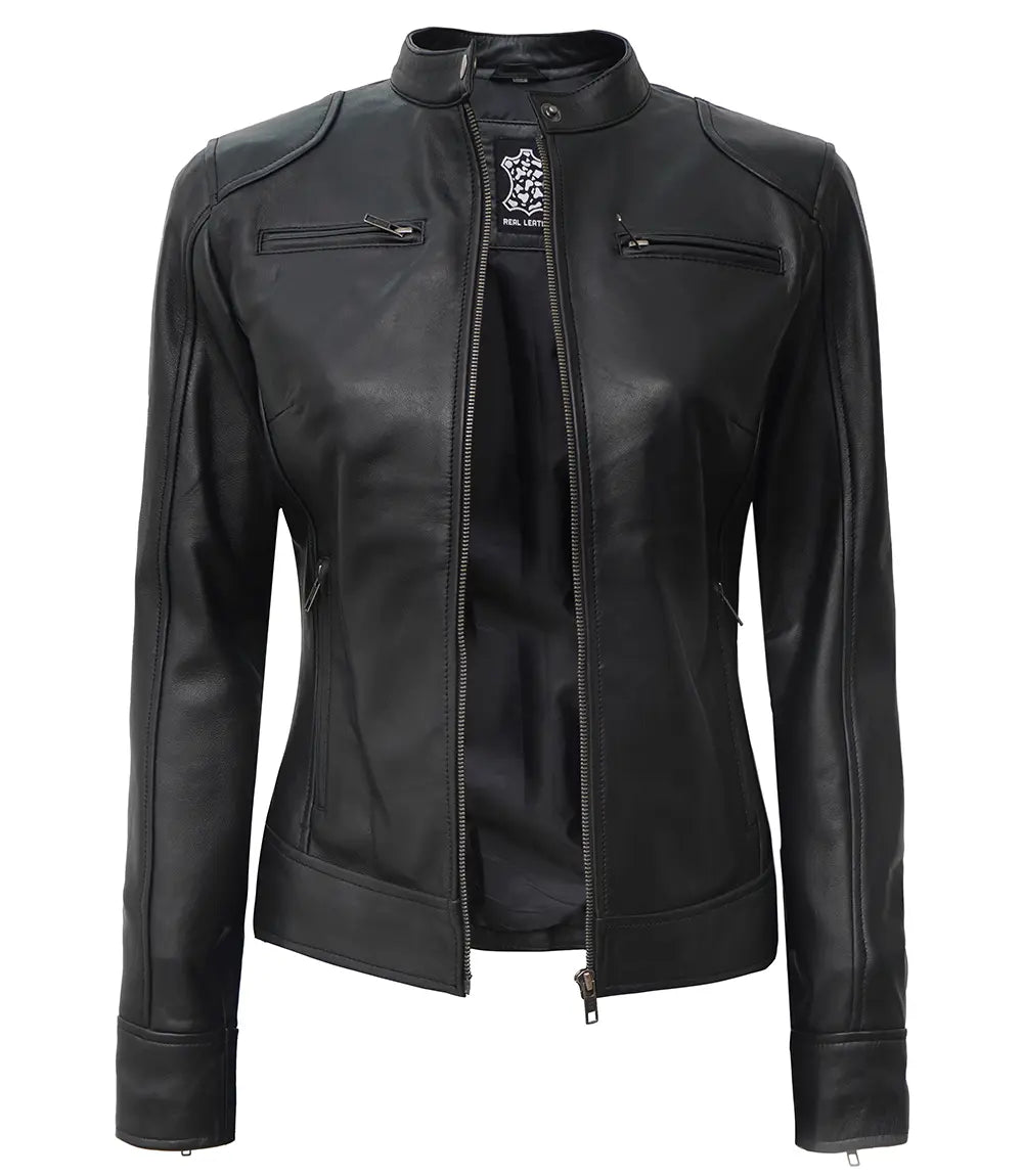 Dodge Petite Women's Black Lambskin Leather Biker Style Jacket