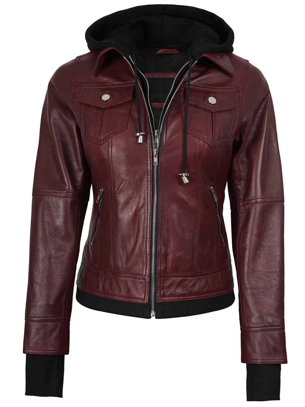 Tralee Women's Maroon Bomber Leather Jacket with Hood