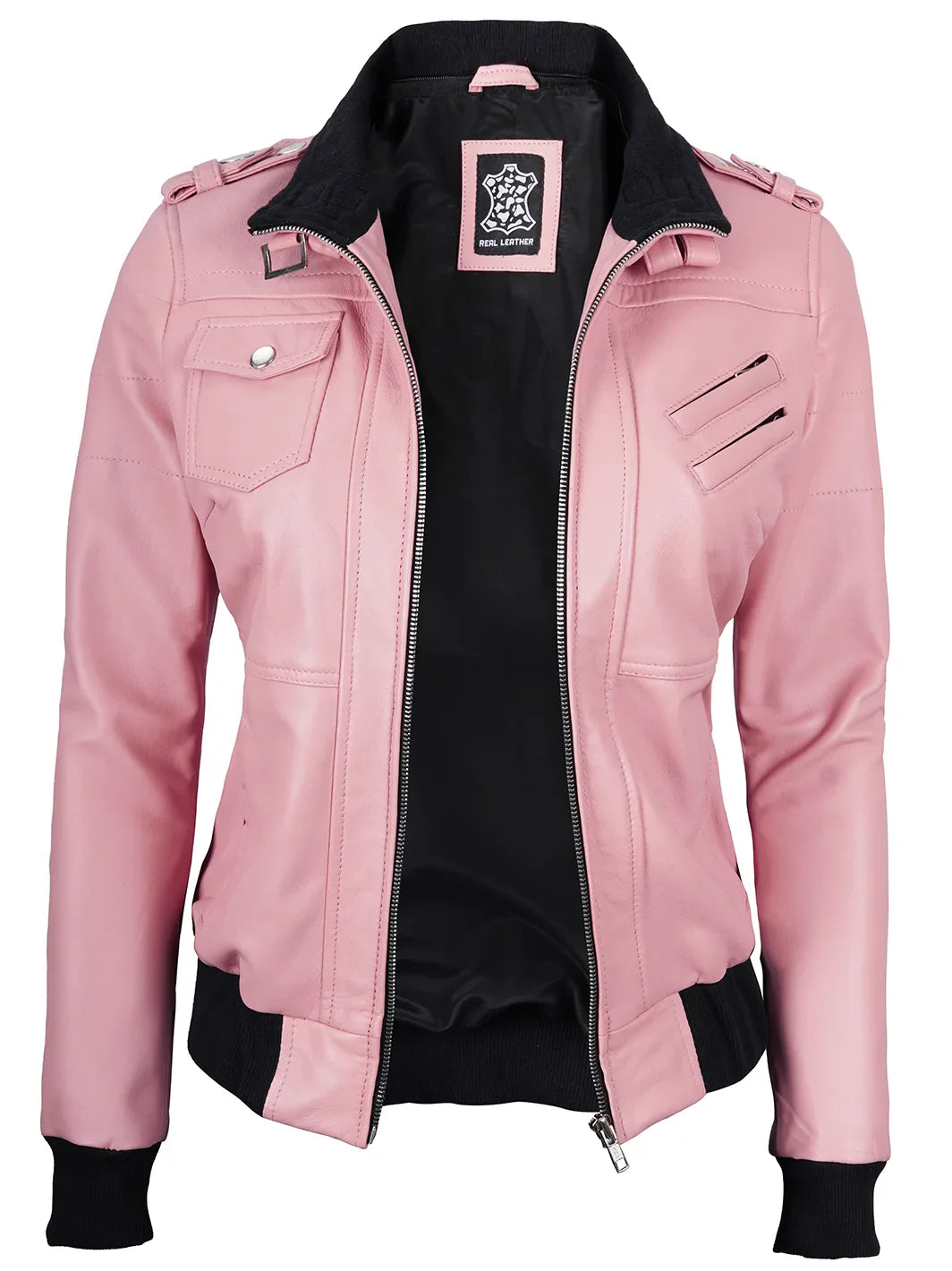 Women's Pink Leather Jacket with Removable Hood