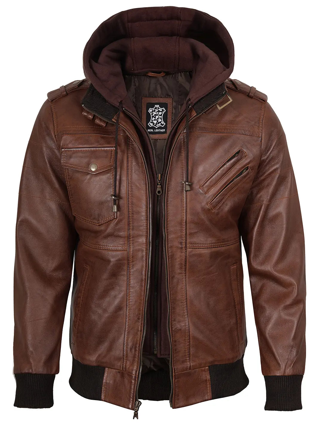 Edinburgh Mens Brown Bomber Leather Jacket With Removable Hood