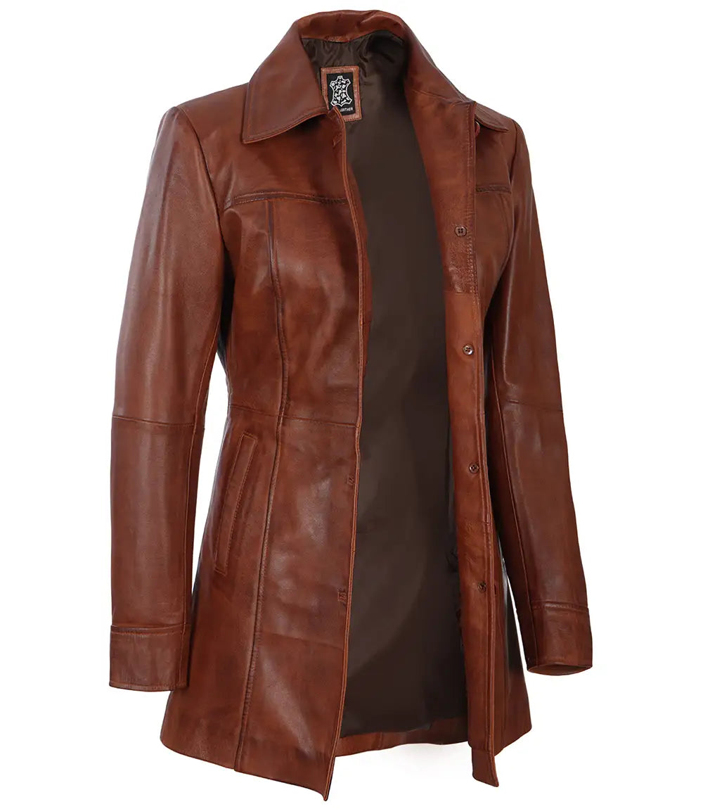 Tall Kandis Women's Cognac Brown Leather Car Coat