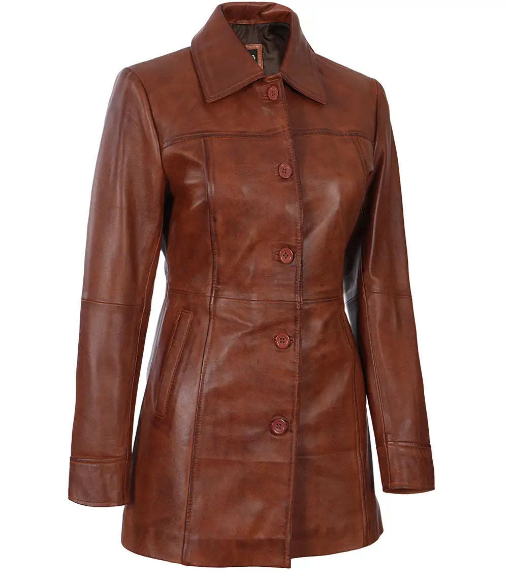 Tall Kandis Women's Cognac Brown Leather Car Coat