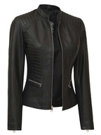 Women's Tall Black Cafe Racer Leather Jacket
