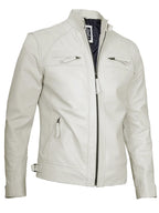 Johnson Mens Off White Quilted Cafe Racer Leather Jacket