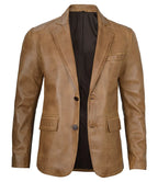 Mens Two Button Camel Brown Leather Blazer