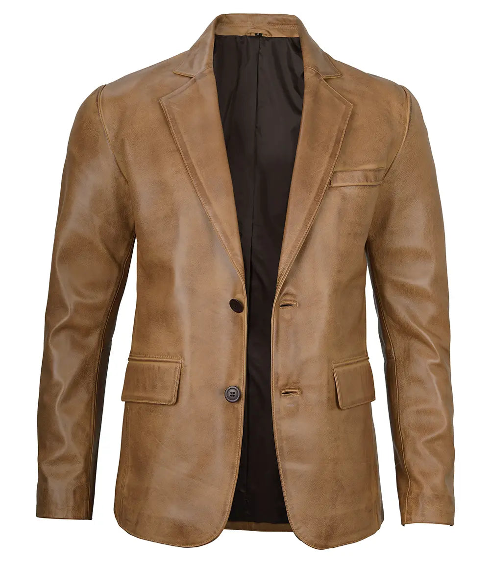 Mens Two Button Camel Brown Leather Blazer