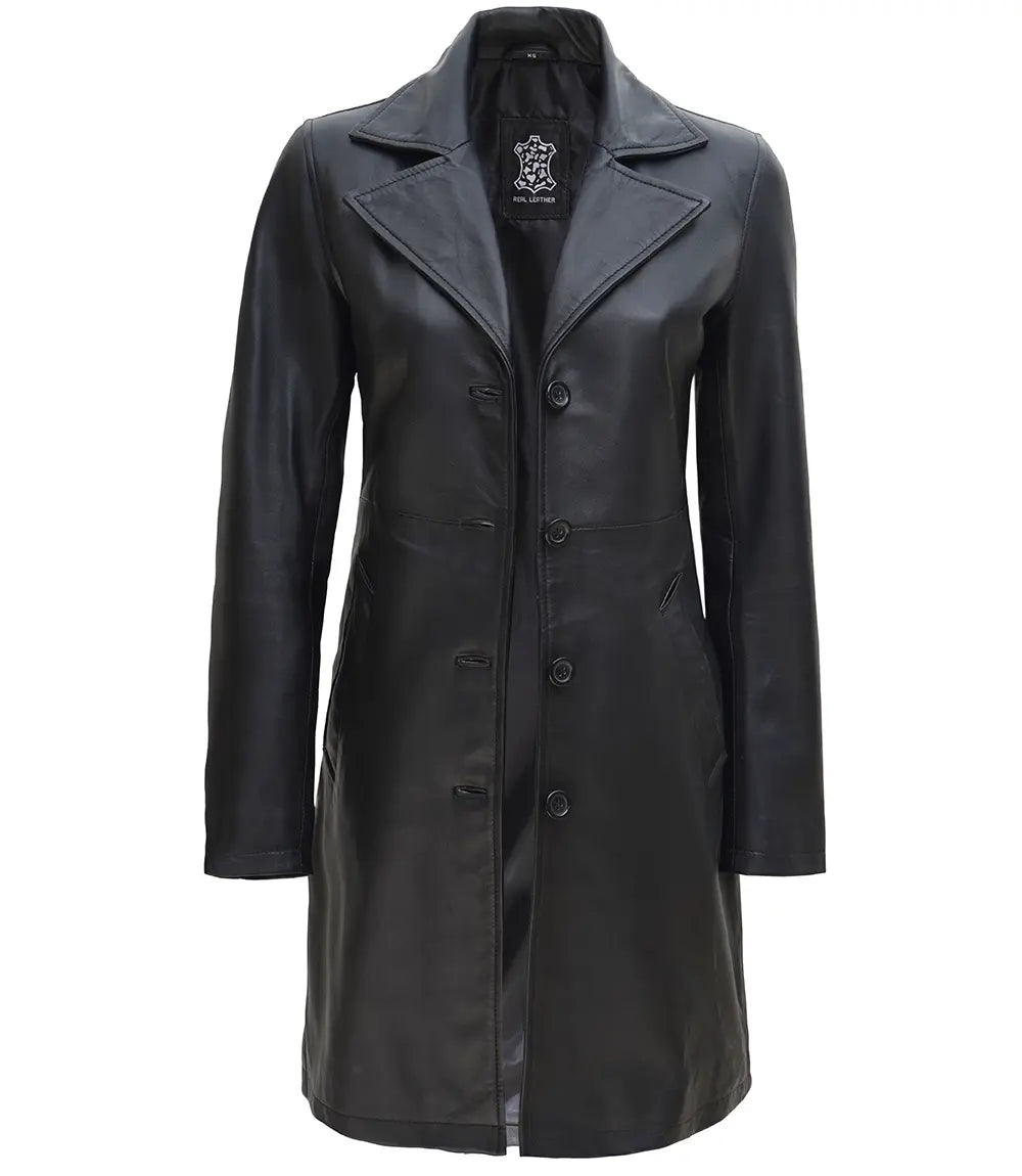 Women Petite Black Real Leather Car Coat