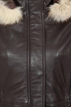 BARBARA Women's Brown Genuine Leather Coat - Detachable Fur Hood