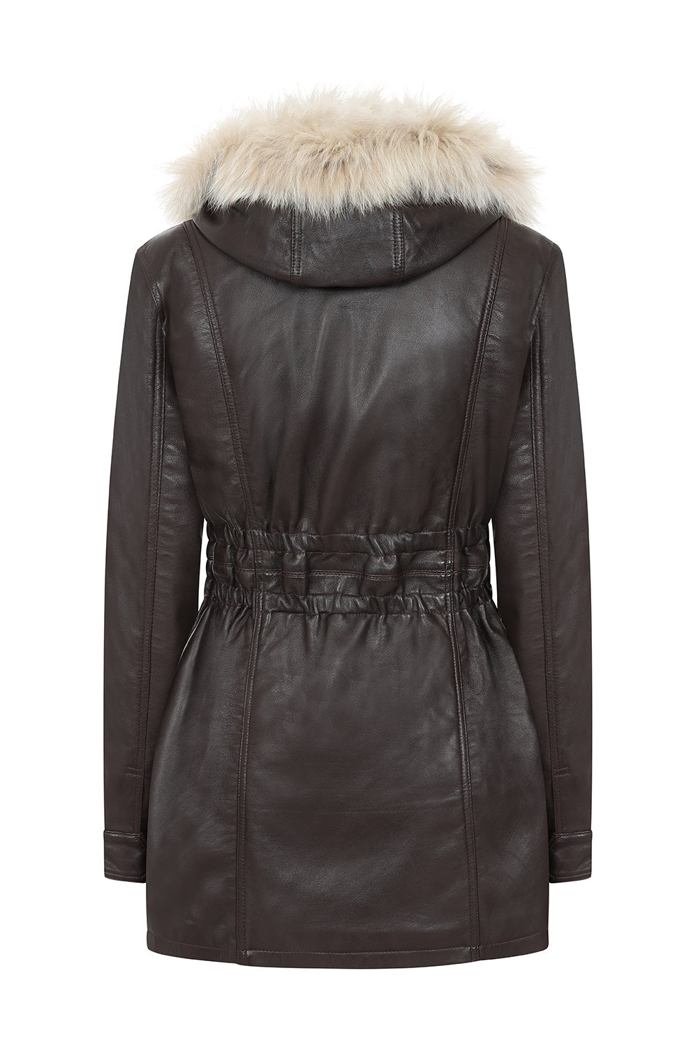 BARBARA Women's Brown Genuine Leather Coat - Detachable Fur Hood