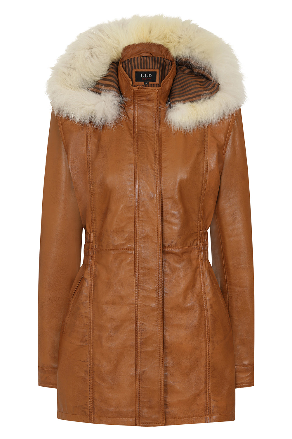 BARBARA Lamb Nappa Leather Coat - Detachable Fur Hood - Tan