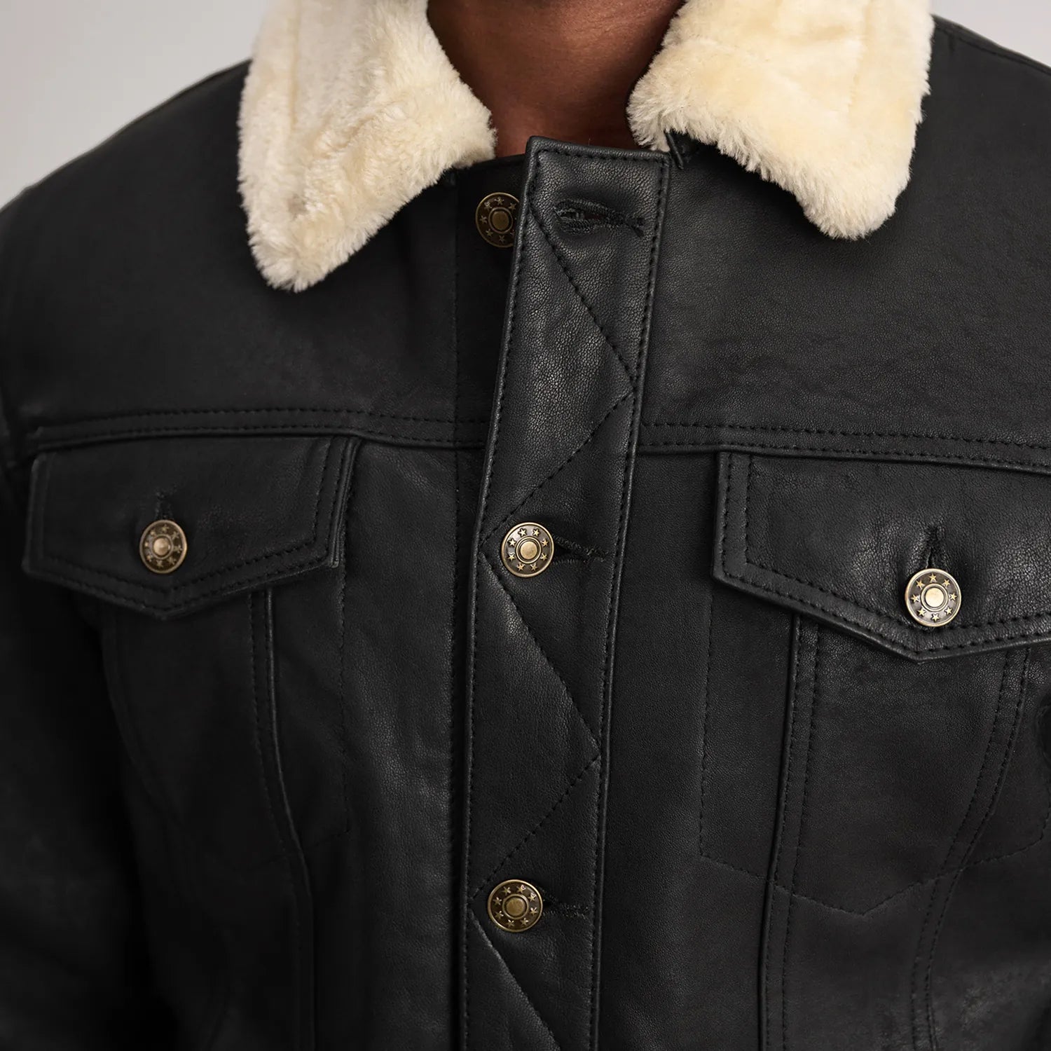 Dallis Distressed Black Leather Shearling Trucker Jacket
