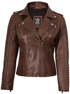 Bagheria Womens Cognac Biker Style Leather Jacket With Removable Hood