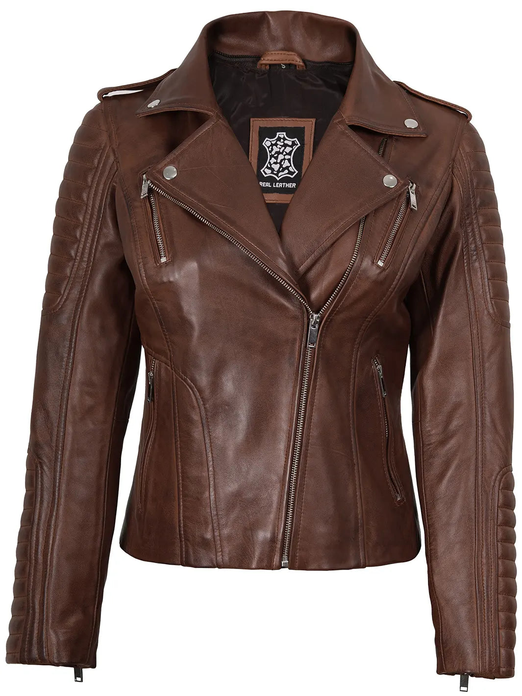 Bagheria Womens Cognac Biker Style Leather Jacket With Removable Hood