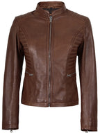 Rachel Women's Cognac Brown Biker Style Leather Jacket