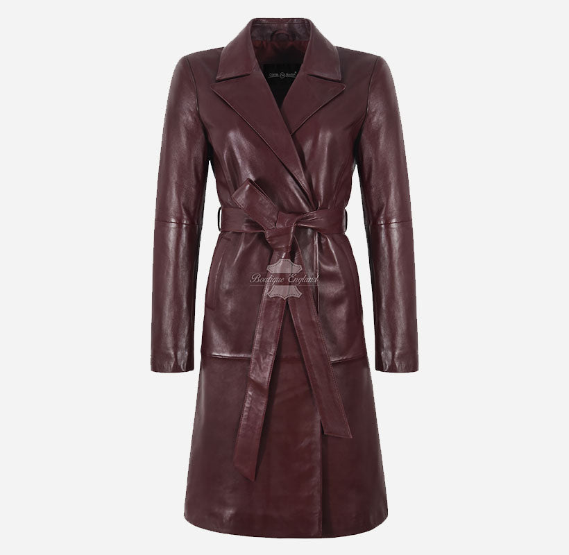 MISTRIELLE Tie Belt Leather Coat for Women