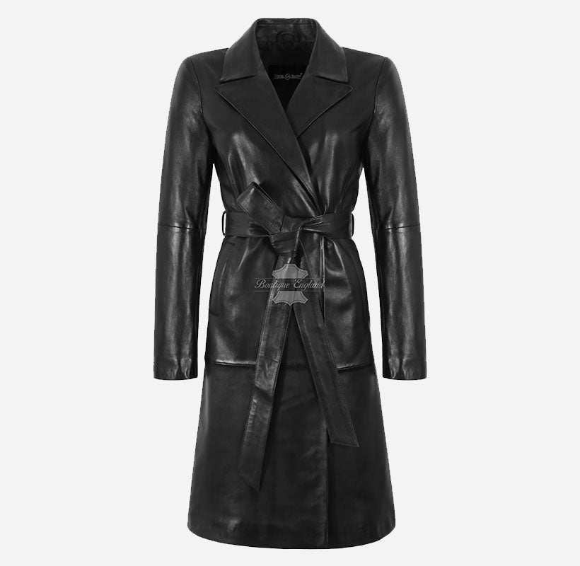 MISTRIELLE Tie Belt Leather Coat for Women Black