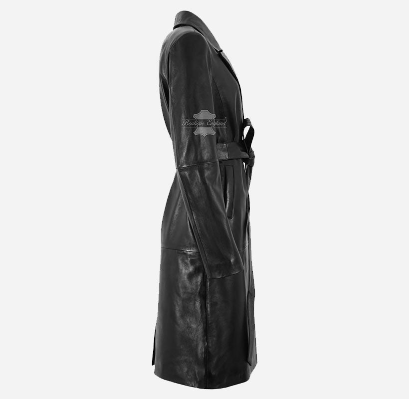 MISTRIELLE Tie Belt Leather Coat for Women Black