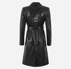 MISTRIELLE Tie Belt Leather Coat for Women Black