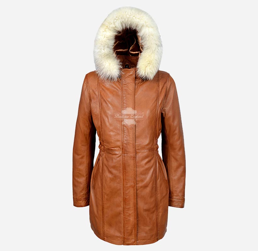 ALICE Women Hooded Parka Coat Hooded Long Leather Jacket