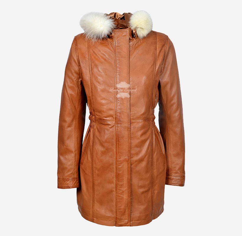 ALICE Women Hooded Parka Coat Hooded Long Leather Jacket