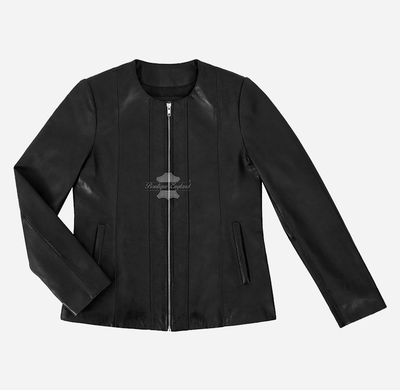 SOAVA Women's Collarless Leather Jacket Black