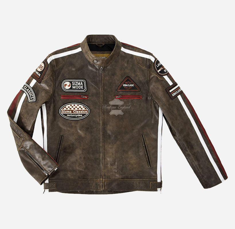 SIZMA Men's Leather Racer Jacket Vintage Effects