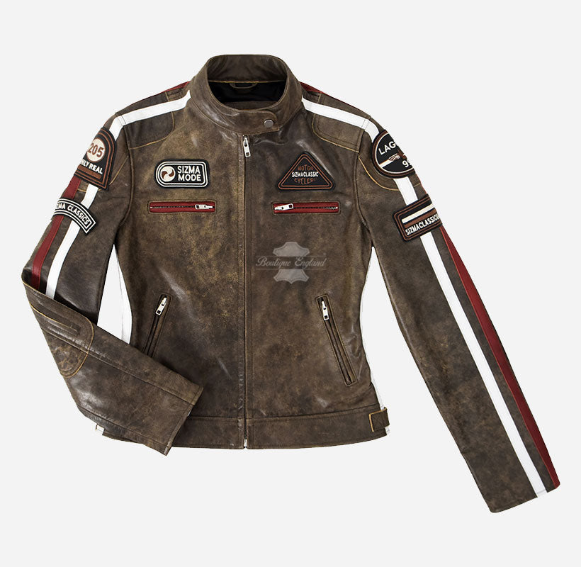 SIZMA Women's Leather Racer Jacket Cracked Effect
