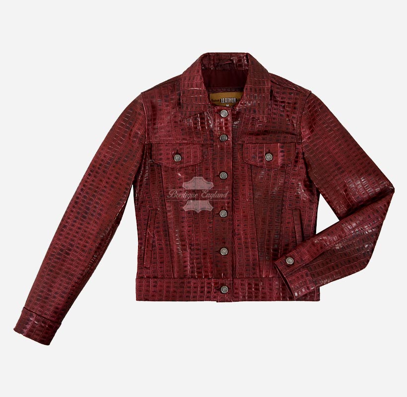 TRUCKER Women’s Leather Denim Jacket with Croc Print