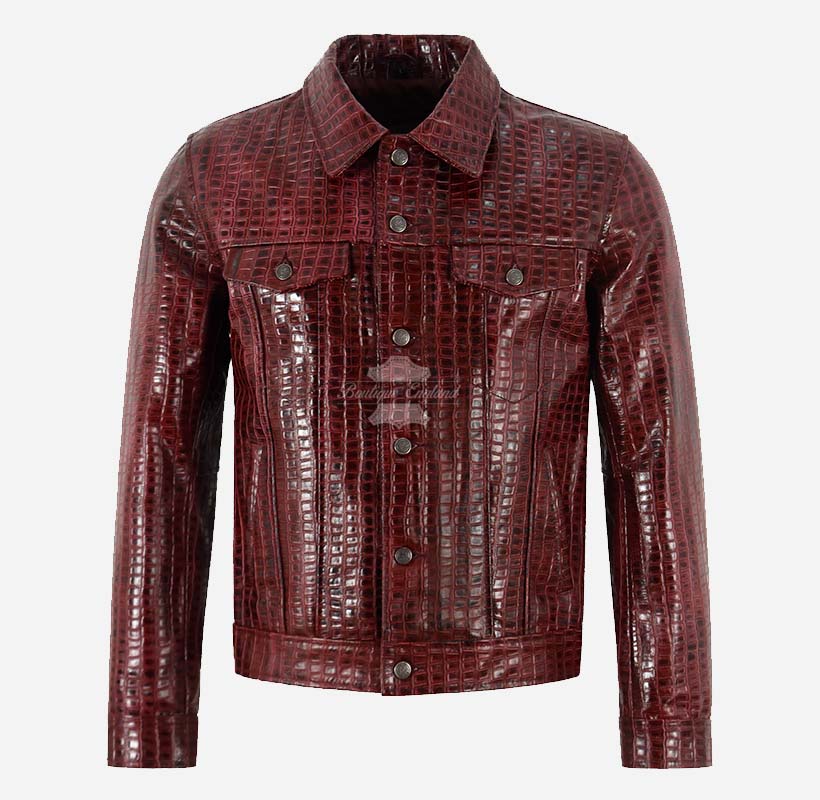 TRUCKER Men's Leather Denim Jacket with Croc Print