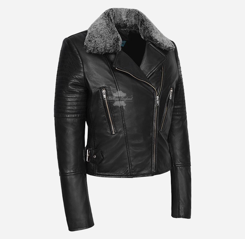 Hannah Women's Black Leather Flying Jacket with detachable fur collar