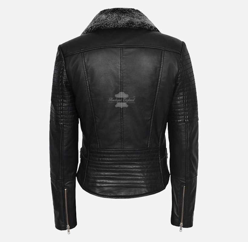 Hannah Women's Black Leather Flying Jacket with detachable fur collar
