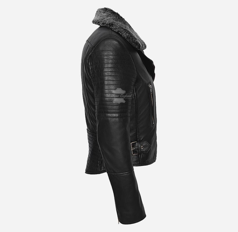 Hannah Women's Black Leather Flying Jacket with detachable fur collar