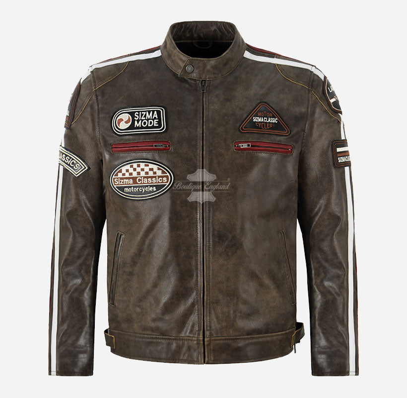 SIZMA Men's Leather Racer Jacket Vintage Effects