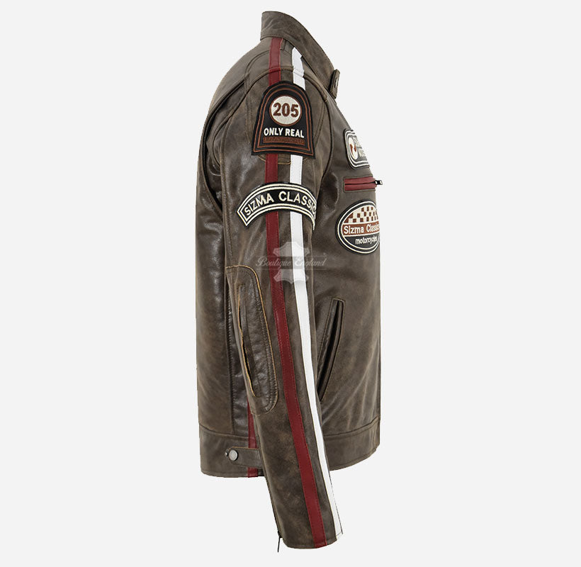 SIZMA Men's Leather Racer Jacket Vintage Effects