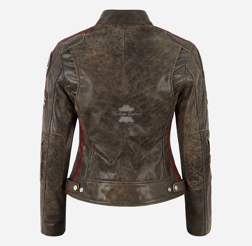 SIZMA Women's Leather Racer Jacket Cracked Effect
