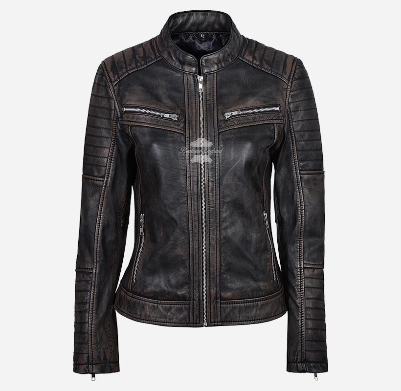 SPEEDSTER Women's Leather Racer Jacket Vintage Waxed