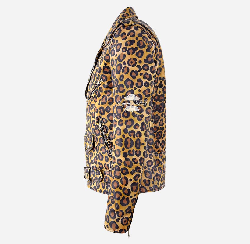BRANDO Mens Leopard Print Leather Biker Jacket Exotic Leather Jacket