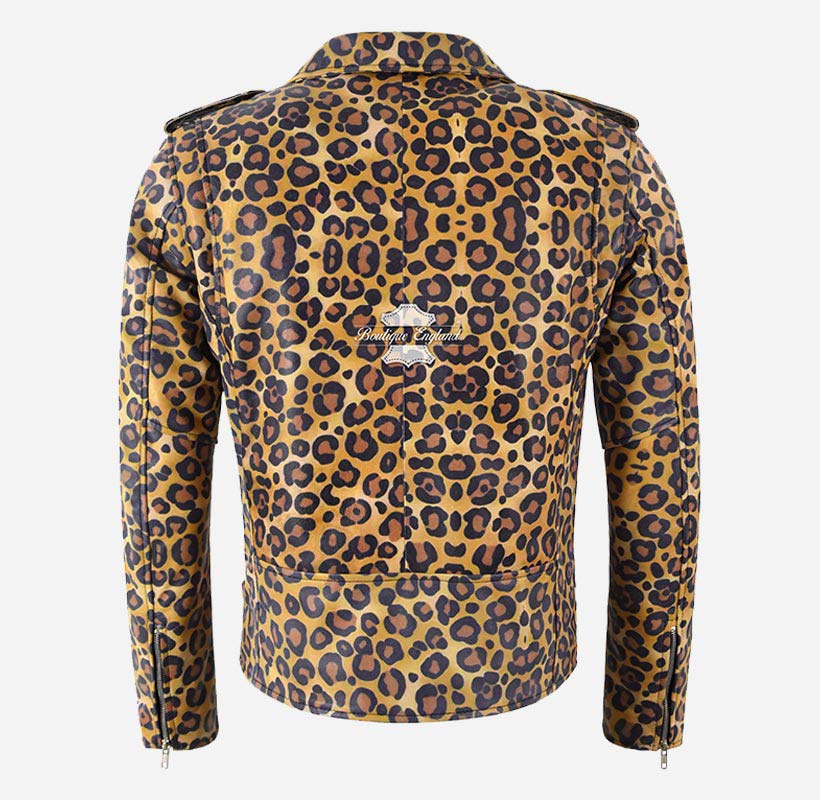 BRANDO Mens Leopard Print Leather Biker Jacket Exotic Leather Jacket